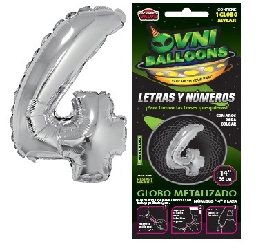 GLOBO METALIZADO 14" X1 NUMERO 4 PLATEADO SKU#: 7798194154496