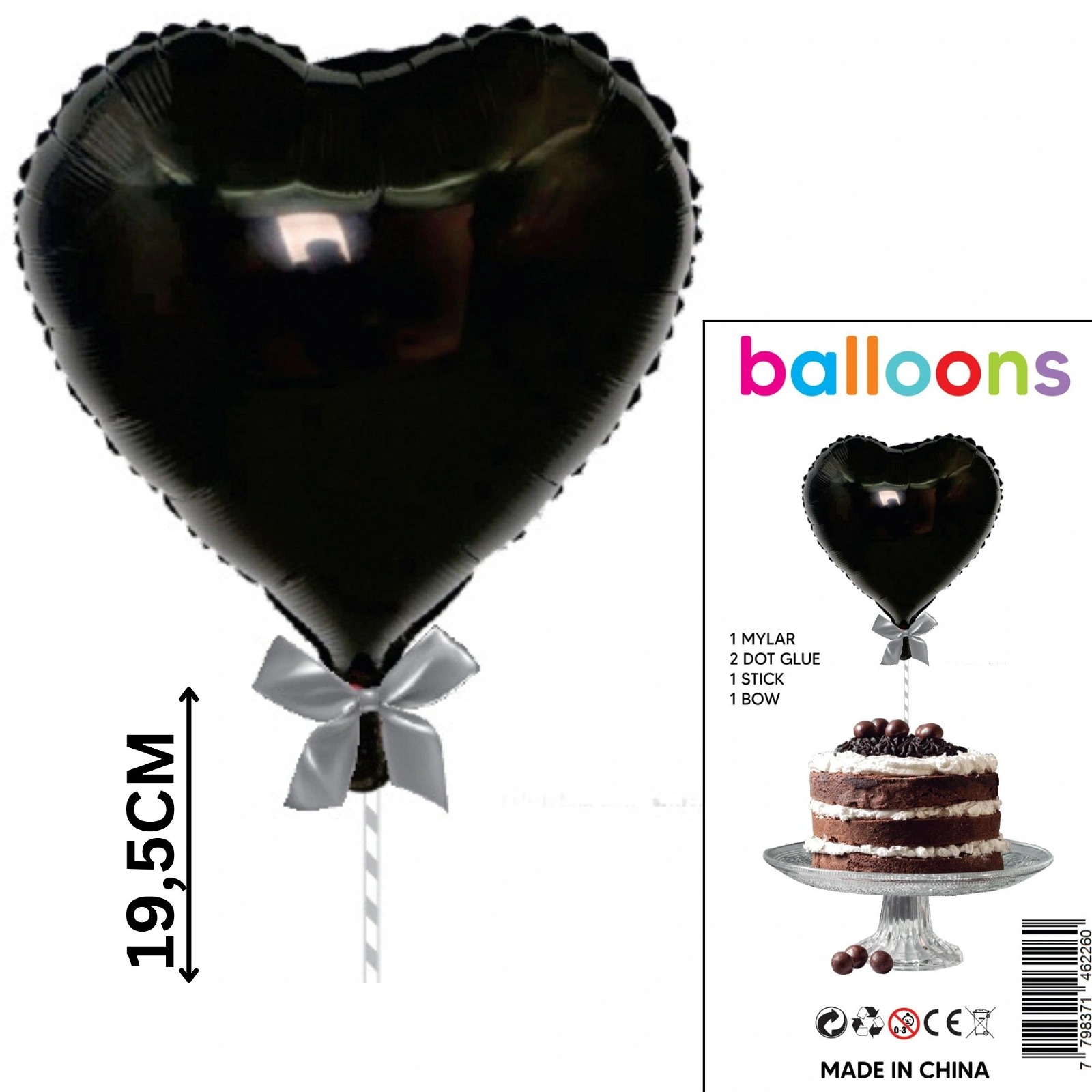 TOPPER PARA TORTA GLOBO CORAZON NEGRO X1