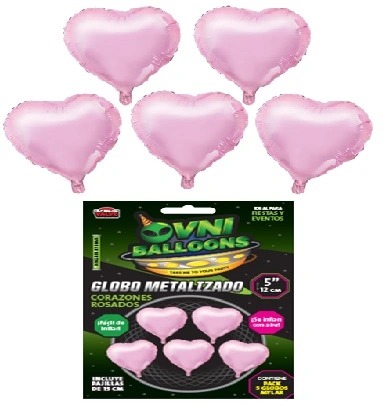 GLOBO METALIZADO 5" SET X5 CORAZONES ROSA