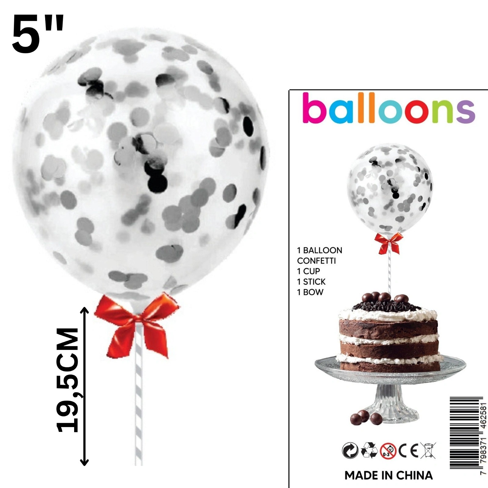 TOPPER PARA TORTA GLOBO CONFETTI PLATA X1