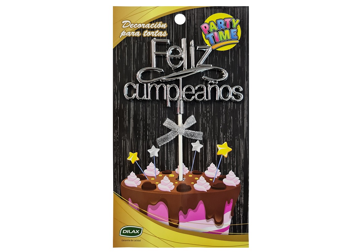 TOPPER PARA TORTA FELIZ CUMPLEAÑOS X1 PLATA