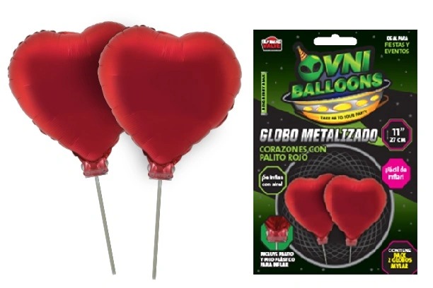 GLOBO METALIZADO 11" SET X2 CORAZON ROJO CON PALITO