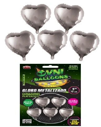 GLOBO METALIZADO 5" SET X5 CORAZONES PLATA