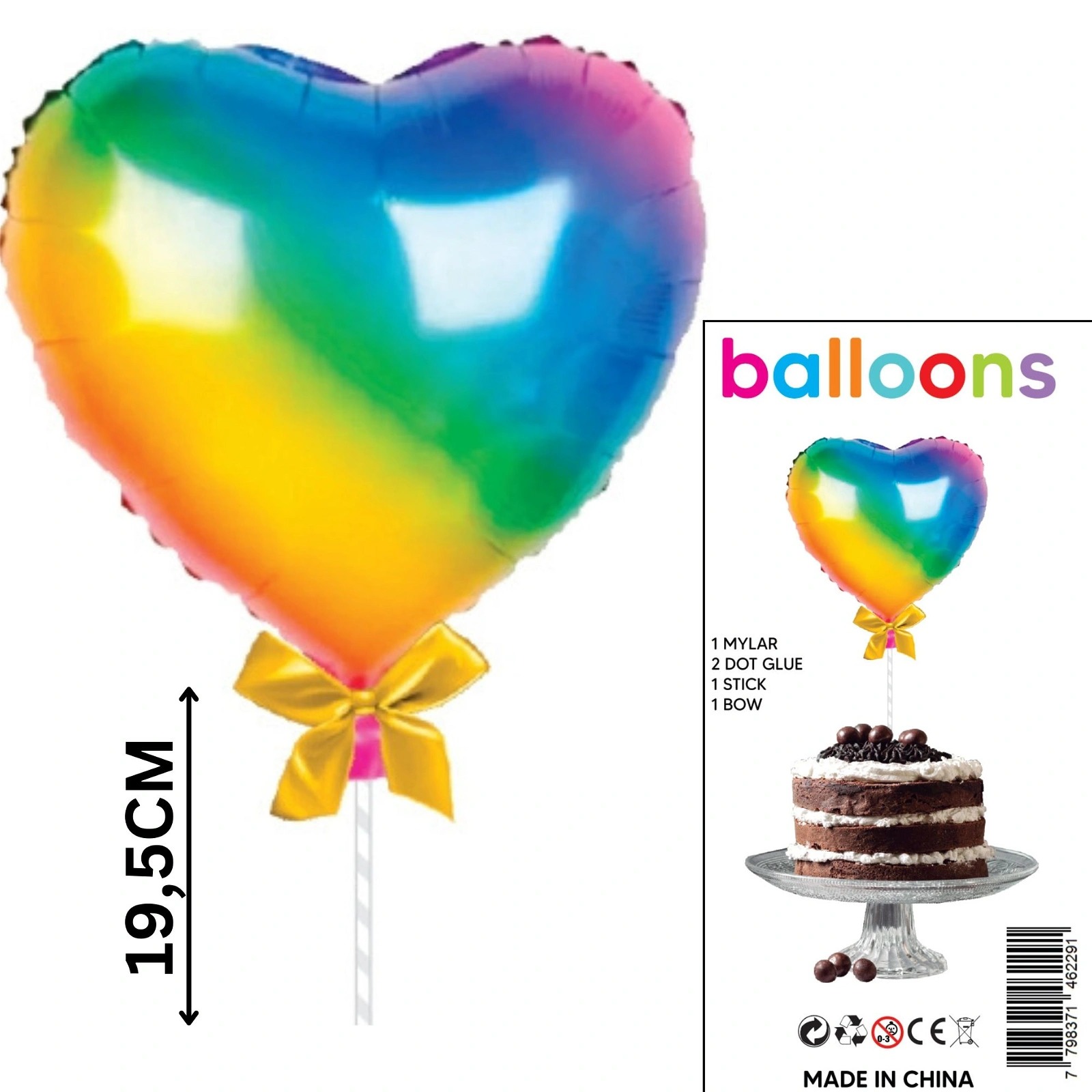 TOPPER PARA TORTA GLOBO CORAZON ARCO IRIS X1