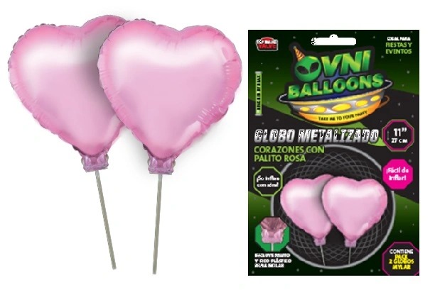 GLOBO METALIZADO 11" SET X2 CORAZON ROSA CON PALITO